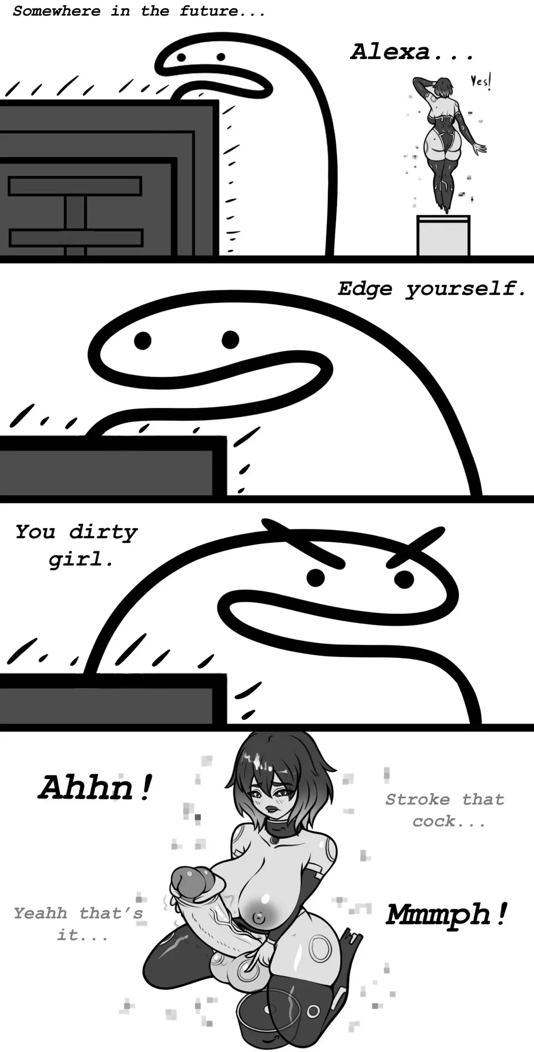 Image big_breasts, breasts, nude, penis, thighhighs, 1futa, erection, futanari, humanoid, humanoid_penis, intersex, kneeling, balls, huge_cock, text, skindentation, comic, masturbation, dialogue, 2024, futa_focus, greyscale, futasub, parody, hologram, edging, style_emulation, shitpost, 1pervydwarf, alexa_(amazon), florkofcows, style_imitation, style_parody