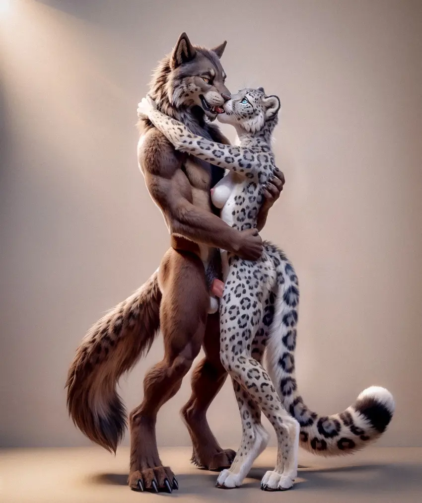 Image female,head_tilt,hi_res,simple_background,male,penis,duo,balls,hair,male/female,anthro,canid,canine,canis,fur,genitals,mammal,multicolored_body,multicolored_fur,wolf,claws,paws,white_body,front_view,brown_fur,tuft,were,werecanid,werecanine,werewolf,brown_body,white_fur,felid,hugging,pantherine,snow_leopard,inner_ear_fluff,ears_up,facial_tuft,cheek_tuft