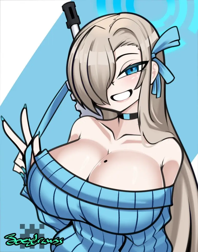 Image 1girls,big_breasts,breasts,female,female_only,light-skinned_female,light_skin,long_hair,looking_at_viewer,solo,blue_eyes,blue_archive,choker,hair_over_one_eye,smiling,smiling_at_viewer,cleavage,blonde_hair,asuna_(blue_archive),mole,mole_on_breast,artist_signature,narrowed_eyes,2024,sweater,portrait,peace_sign,millennium_science_school_student,v_sign,cleaning_&_clearing_(blue_archive),joeydrawss