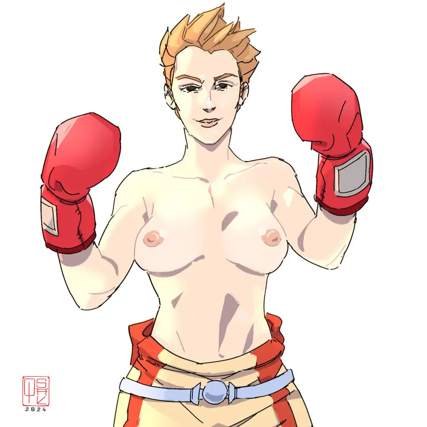 Image short_hair,smiling,blonde_hair,topless,invincible,superheroine,perky_breasts,boxing_gloves,slender_body,knockout_(invincible)