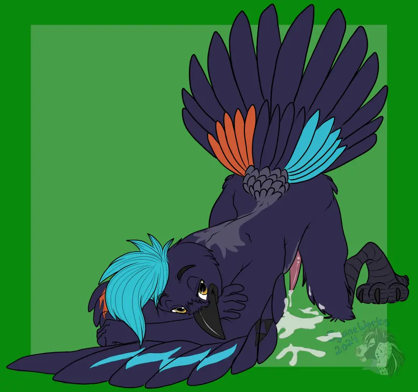 Image hi_res,blue_hair,cum,yellow_eyes,feet,hair,anthro,absurd_res,pose,cum_dripping_from_penis,genital_fluids,bodily_fluids,avian,bird,toes,corvid,corvus_(genus),crow,oscine,passerine,cum_on_ground,talons,jack-o'_pose,blue_wing,cade_harrow,equineworks,red_wing