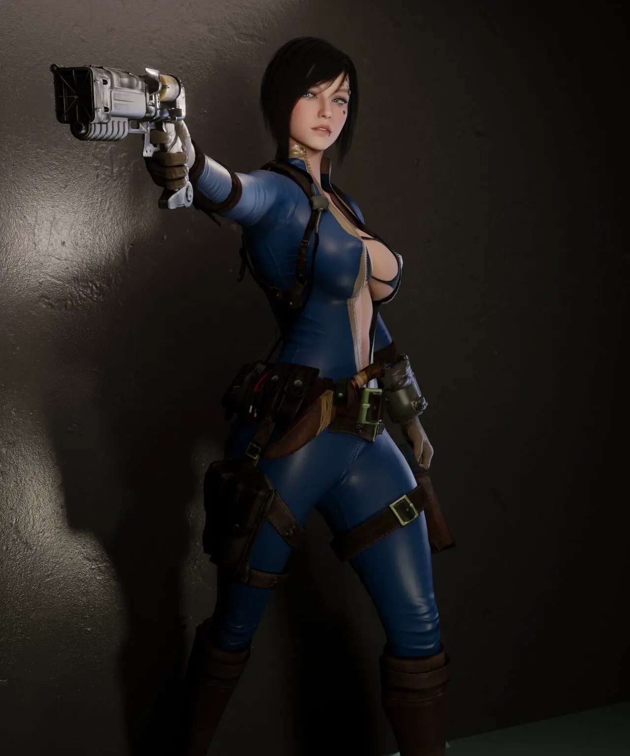 Image clothing,female,female_only,human,solo,black_hair,tagme,pale_skin,3d,computer,weapon,electronics,fallout,wristwear,fallout_4,handgun,pip-boy,firearm,vault_meat,soboro