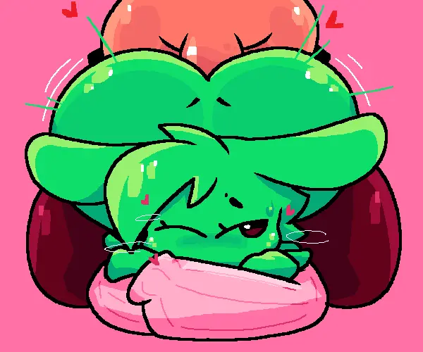 Image 1girls,female,1boy,male,looking_back,doggy_style,one_eye_closed,bunny_ears,heart,thigh_highs,hearts_around_head,green_body,slime,slime_girl,front_view,1boy1girl,jjoyplus,miino_(slime_amiibo),slime_amiibo,joy_(jjoyplus),pink_sleeves