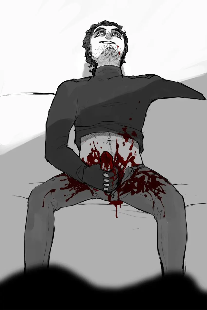 Image 1boy, male, penis, erection, blood, black_and_white, masturbation, sketch, old_art, penis_out, boyfriend_to_death, gore, blood_splatter, guro, jerking, strade, blood_stain, jacking_off, gatobob_(gurobob)