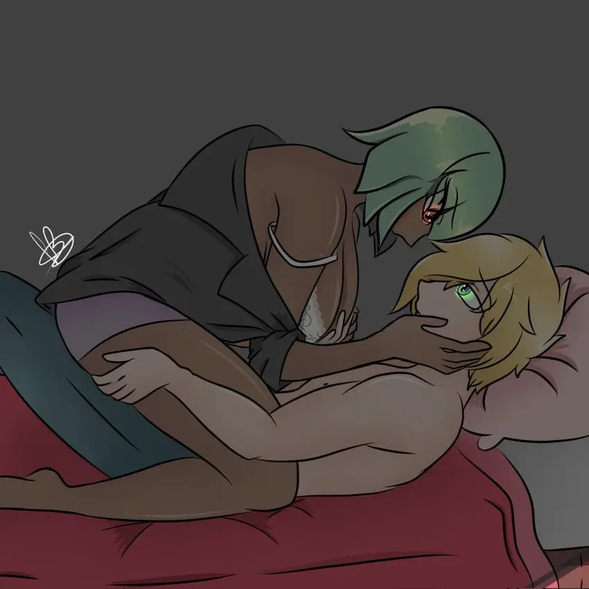 Image 1girls,big_breasts,breasts,female,1boy,male,tan_skin,lingerie,white_bra,blonde_hair,green_hair,straddling,jaune_arc,rwby,touching_breast,emerald_sustrai,illusion