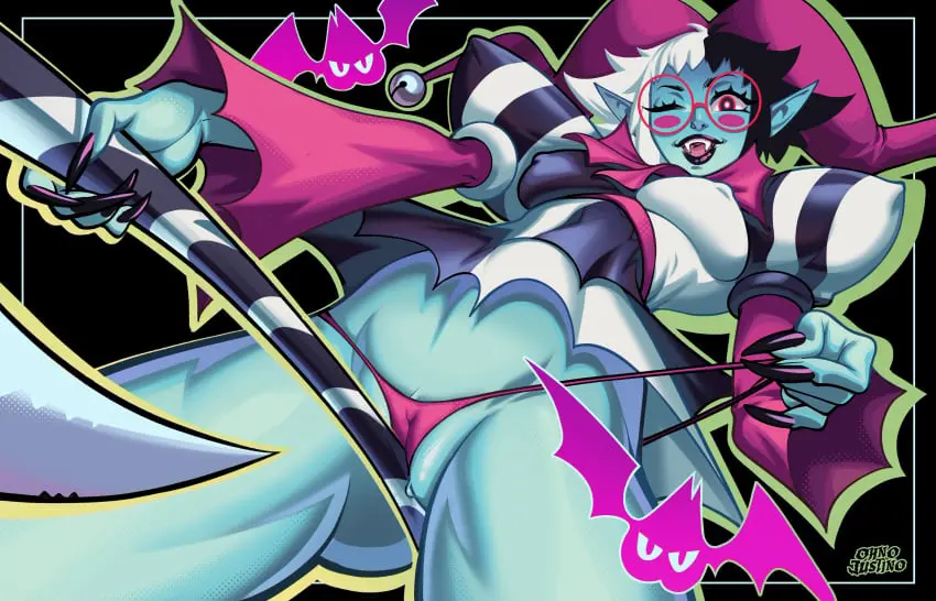 Image 1girls,female,solo,two_tone_hair,one_eye_closed,cameltoe,vampire,vampire_girl,thong,blue_skin,round_glasses,pulling_panties,outline,jester,ohnojustino