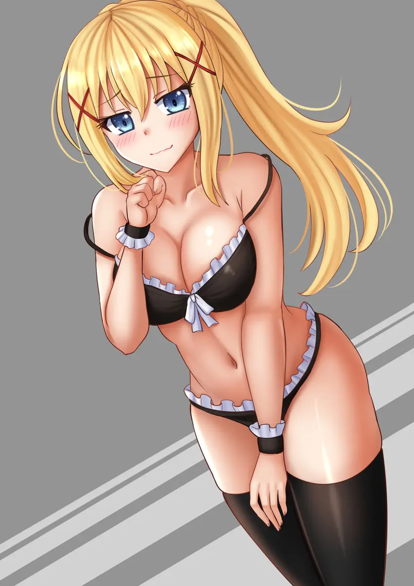 Image blush,bow,breasts,female,hair_ornament,highres,large_breasts,long_hair,solo,very_long_hair,blue_eyes,navel,thighhighs,bra,panties,underwear,ponytail,bare_shoulders,cleavage,collarbone,blonde_hair,black_panties,hair_between_eyes,underwear_only,strap_slip,grey_background,darkness_(konosuba),kono_subarashii_sekai_ni_shukufuku_wo!,commentary,black_thighhighs,black_bra,wrist_cuffs,frills,x_hair_ornament,bow_bra,frilled_bra,frilled_panties,kazenokaze