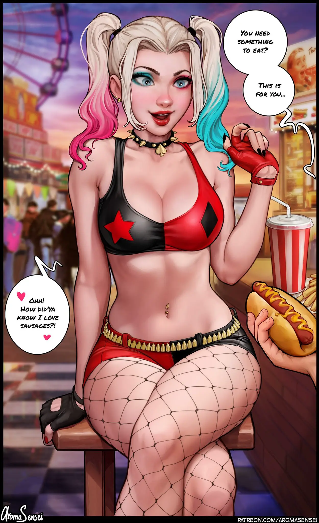 Image breasts,clothing,female,large_breasts,long_hair,looking_at_viewer,smile,bangs,gloves,navel,earrings,multicolored_hair,sports_bra,jewelry,solo_focus,teeth,piercing,text,blonde_hair,sitting,nail_polish,tied_hair,grey_eyes,outdoors,twintails,collar,feet_out_of_frame,makeup,belt,black_shorts,shorts,batman_(series),dc,dc_comics,english_text,fishnets,high_resolution,arm_support,legwear,fingerless_gloves,speech_bubble,navel_piercing,black_nails,spikes,day,harley_quinn,fishnet_legwear,red_gloves,spiked_collar,booty_shorts,crossed_legs,food,clavicle,fishnet_pantyhose,hand_up,english_language,black_collar,red_shorts,aroma_sensei,hot_dog,harley_quinn_(series),people
