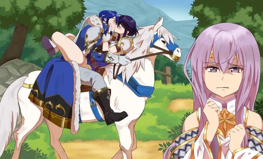 Image female,highres,long_hair,looking_at_viewer,1boy,2girls,absurdres,black_hair,male,multiple_girls,short_hair,headband,riding,couple,closed_eyes,nintendo,straddling,fire_emblem,tree,siblings,commission,implied_sex,horse,upright_straddle,armor,brother_and_sister,rock,horseback_riding,:/,leg_lock,reins,fire_emblem:_genealogy_of_the_holy_war,larcei_(fire_emblem),seliph_(fire_emblem),tunic,white_headband,shoulder_armor,kiss,trail,saddle,breastplate,fefex,purple_tunic,rs40uchiha,hands_on_another's_face,julia_(fire_emblem),white_horse