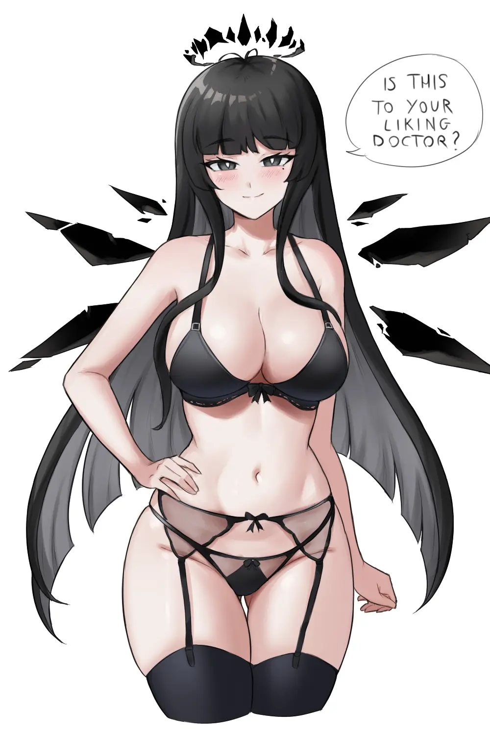 Image 1girls,blush,breasts,clothing,female,light-skinned_female,light_skin,long_hair,looking_at_viewer,simple_background,smile,solo,black_hair,black_legwear,thighhighs,bra,panties,wide_hips,arknights,lingerie,text,halo,black_panties,2024,legs_together,black_thighhighs,black_bra,fangsod,matching_underwear,virtuosa_(arknights),arturia_(arknights)