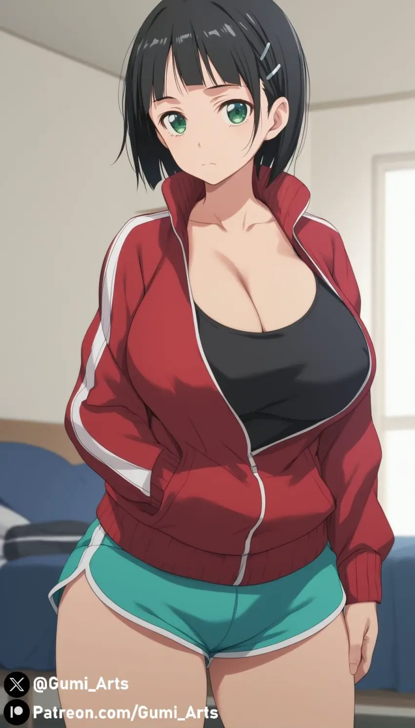 Image 1girls,breasts,female,looking_at_viewer,shirt,black_hair,thick_thighs,ai_generated,sportswear,cleavage,huge_breasts,green_eyes,stable_diffusion,indoors,hairpin,gym_uniform,sword_art_online,gumi_arts,kirigaya_suguha,sport_shorts