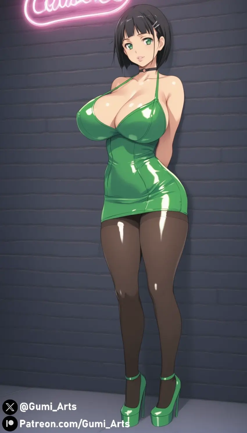 Image 1girls,breasts,female,looking_at_viewer,black_hair,choker,thick_thighs,wide_hips,ai_generated,cleavage,huge_breasts,green_eyes,stable_diffusion,lips,night,high_heels,platform_heels,hairpin,pantyhose,sword_art_online,against_wall,gumi_arts,kirigaya_suguha,minidress