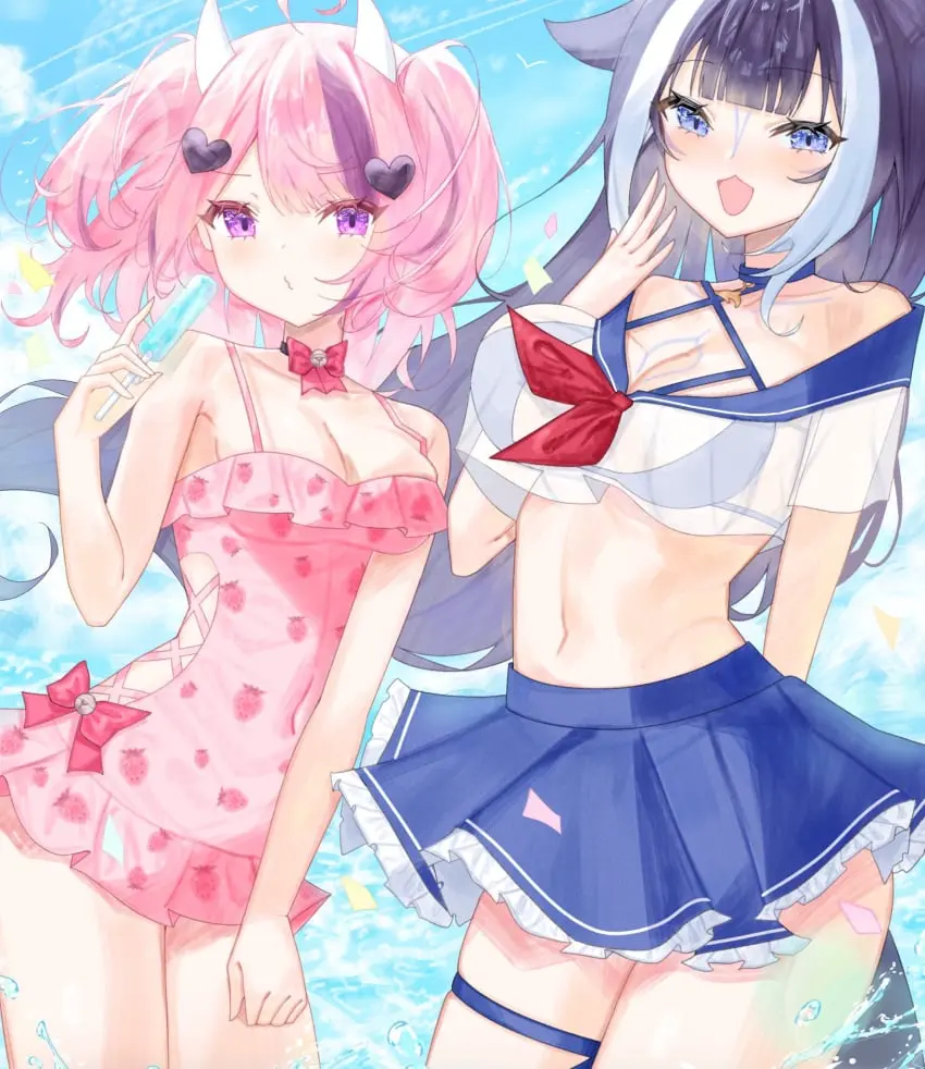 Image breasts,female,female_only,highres,light-skinned_female,light_skin,long_hair,looking_at_viewer,standing,2girls,blue_eyes,blue_hair,short_hair,bikini,two_tone_hair,virtual_youtuber,water,horns,sky,belly_button,pink_hair,vtuber,2d,medium_breasts,animal_tail,one-piece_swimsuit,swimsuit,outdoors,miniskirt,skirt,hourglass_figure,2d_(artwork),young,high_resolution,front_view,younger_female,fully_clothed,indie_virtual_youtuber,day,summer,vshojo,two_piece_swimsuit,vtuberfanart,ironmouse,orca_girl,shylily
