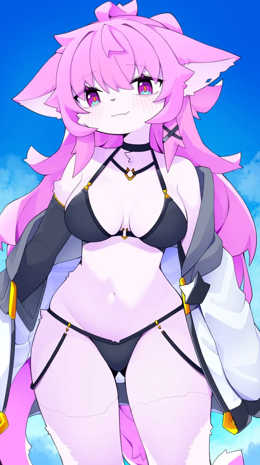 Image long_hair,looking_at_viewer,bikini,bra,pink_hair,pink_eyes,heterochromia,hoodie,devil-vox,dev_voxy,devvoxy,io_(devil-vox)