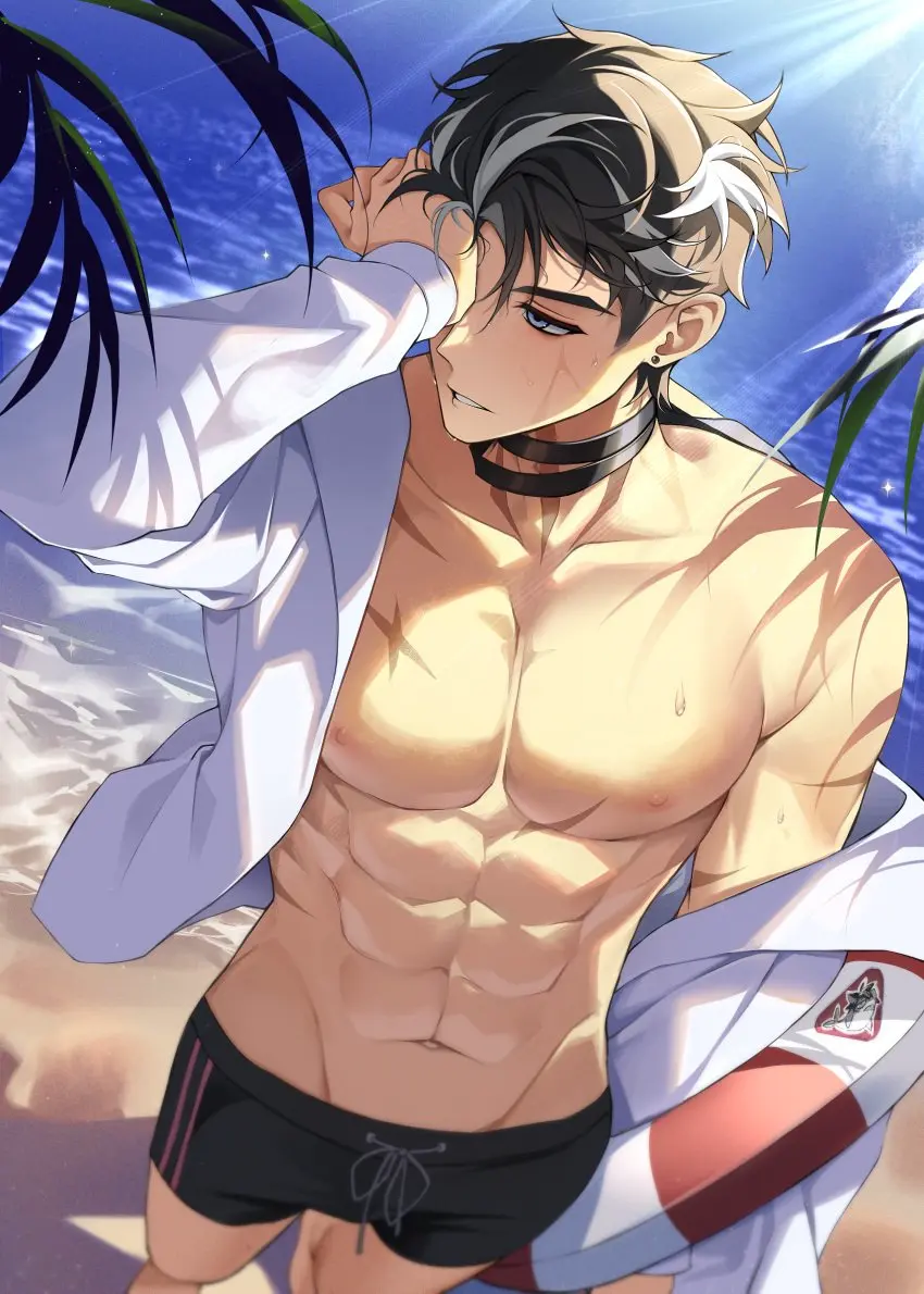 Image nipples,1boy,black_hair,blue_eyes,male,choker,earrings,beach,male_only,bare_shoulders,collarbone,genshin_impact,topless,fit,pecs,abs,fit_male,scar,swimwear,topless_male,swimming_trunks,wriothesley_(genshin_impact),six_pack