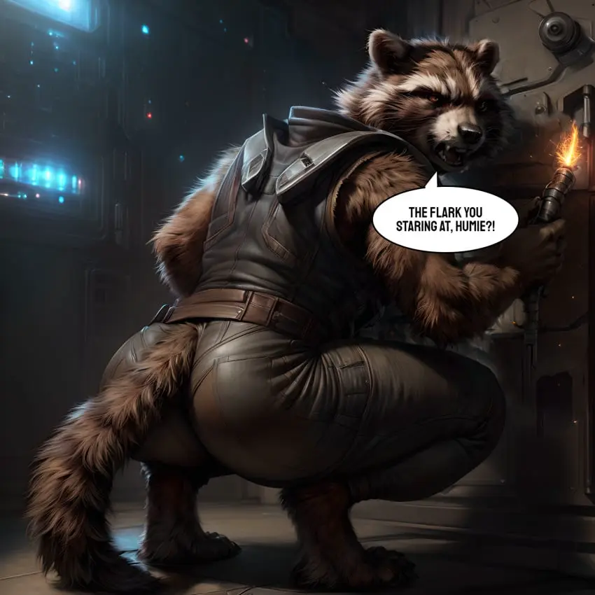 Image clothing,hi_res,looking_at_viewer,solo,male,ass,big_butt,ai_generated,anthro,mammal,dialogue,detailed,angry,crouching,raccoon,marvel,marvel_comics,procyonid,rocket_raccoon,detailed_fur,science_fiction,taji_(director)