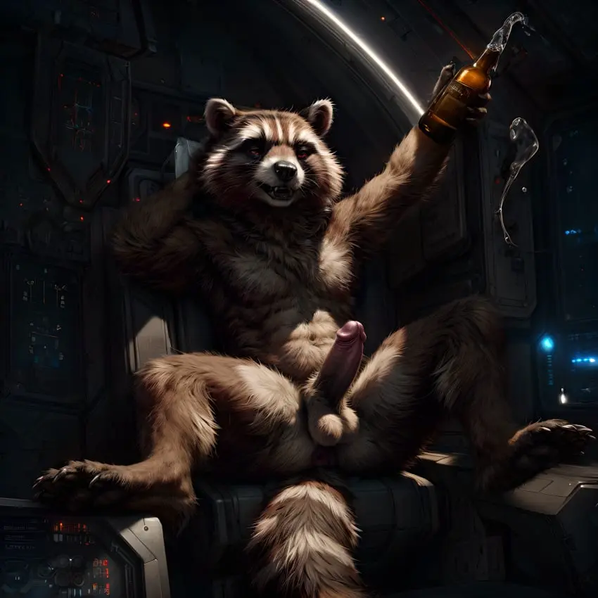 Image hi_res,looking_at_viewer,solo,male,nude,penis,ass,humanoid_penis,muscular,muscular_male,ai_generated,balls,anthro,anus,sitting,fur,genitals,mammal,multicolored_body,claws,muscular_anthro,detailed,black_nose,raccoon,abs,humanoid_genitalia,marvel,marvel_comics,drunk,beer,procyonid,rocket_raccoon,beverage,bottle,substance_intoxication,alcohol,detailed_fur,spaceship,taji_(director),spacecraft_interior