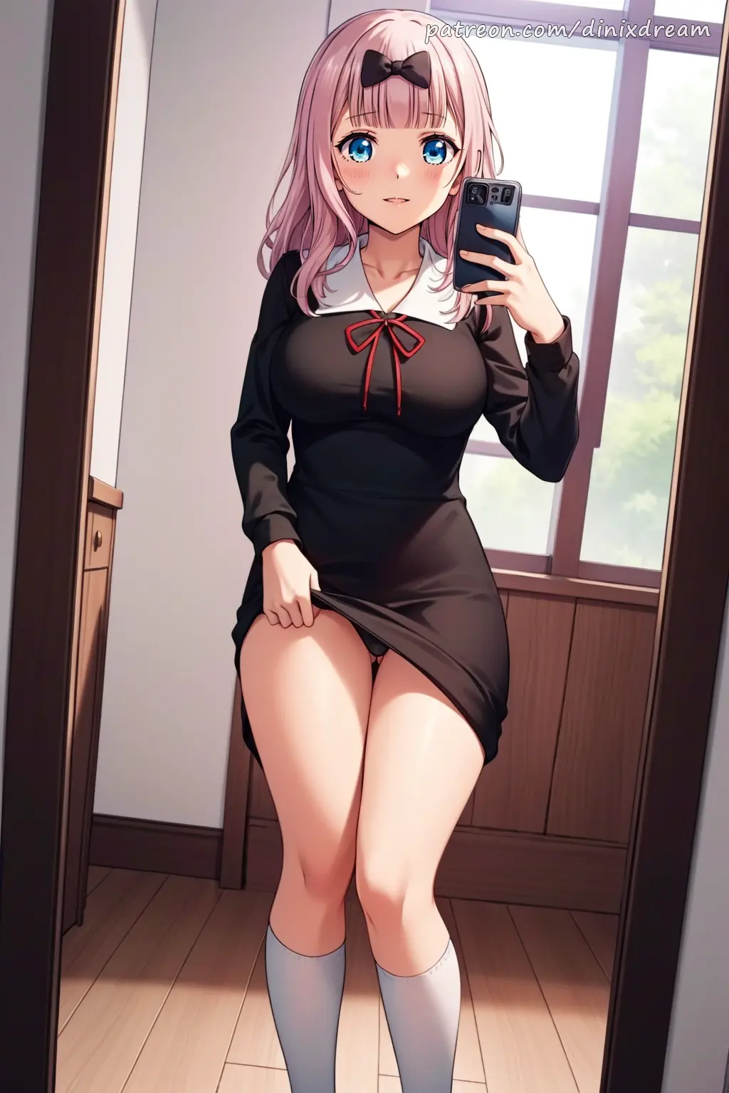 Image bow, breasts, female, hairbow, highres, large_breasts, long_hair, looking_at_viewer, nipples, open_mouth, simple_background, smile, solo, white_background, absurdres, blue_eyes, blunt_bangs, nude, pussy, ass, uncensored, patreon, patreon_username, ai_generated, from_behind, pink_hair, anus, completely_nude, spread_pussy, one_eye_closed, school_uniform, light_blush, kaguya-sama_wa_kokurasetai_~tensai-tachi_no_renai_zunousen~, black_bow, dimples_of_venus, fujiwara_chika, dinixdream, turning_head