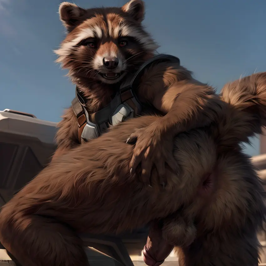 Image clothing,hi_res,looking_at_viewer,solo,male,penis,ass,humanoid_penis,ai_generated,balls,hair,anthro,anus,presenting,fur,genitals,mammal,multicolored_body,detailed,raccoon,presenting_hindquarters,humanoid_genitalia,marvel,marvel_comics,hand_on_butt,procyonid,rocket_raccoon,butt_grab,detailed_fur,taji_(director)