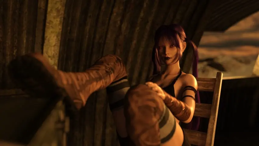 Image female,red_eyes,underwear,purple_hair,3d,video_games,boots,purple_lipstick,chair,video_game,video_game_character,visual_novel,purple_pupils,apocalypse,desert_stalker,zetands,apocalyptic,kyra_(desert_stalker),raider