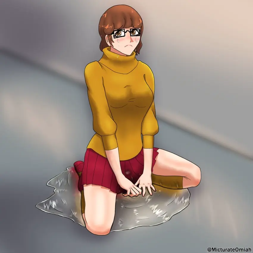 Image 1girls,female,female_only,human,solo,peeing,omorashi,peeing_self,wetting_self,scooby-doo,velma_dinkley,urine,urine_stream,urinating_female,urination,urinating,pee_stain,stain,urine_pool,wetting,wet_spot,micturate_omiah