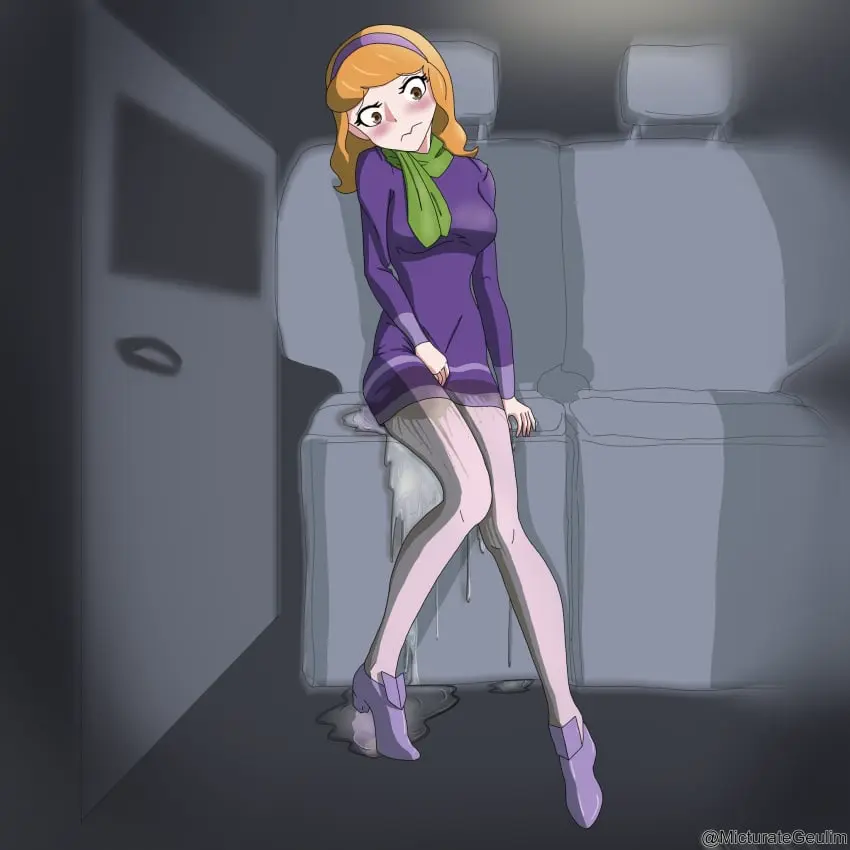 Image 1girls,female,female_only,human,solo,peeing,omorashi,peeing_self,wetting_self,daphne_blake,scooby-doo,urine,urine_stream,urinating_female,urination,urinating,pee_stain,stain,urine_pool,wetting,wet_spot,micturate_omiah