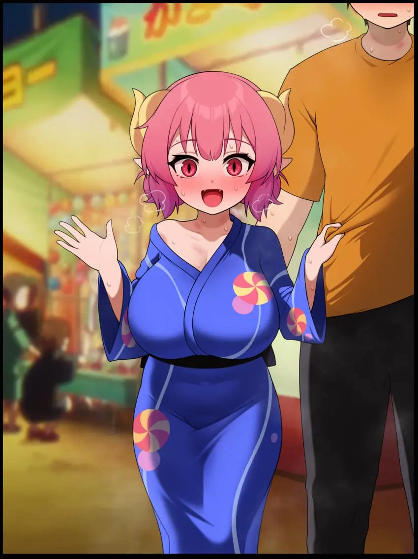 Image 1girls,blush,breasts,female,hi_res,large_breasts,looking_at_viewer,open_mouth,red_eyes,shirt,smile,1boy,male,short_hair,straight,sweat,head_out_of_frame,red_hair,faceless_male,horns,cleavage,solo_focus,huge_breasts,pink_hair,pointy_ears,couple,absurd_res,after_sex,outdoors,twintails,alternate_breast_size,off_shoulder,fangs,oerba_yun_fang,covered_navel,steam,shortstack,blush_lines,kimono,yukata,slit_pupils,height_difference,blurry,blurry_background,depth_of_field,waving,hickey,blushing,dragon_girl,blue_kimono,japanese_clothes,dragon_horns,kobayashi-san_chi_no_maidragon,miss_kobayashi's_dragon_maid,sash,ilulu_(dragon_maid),taketo_(dragon_maid),implied_after_sex,ilulu_(maidragon),hickey_marks,small_but_busty,festival,aida_taketo,although_she_hurriedly_put_on_clothes,grimgrim,shirt_grab,steamy_body