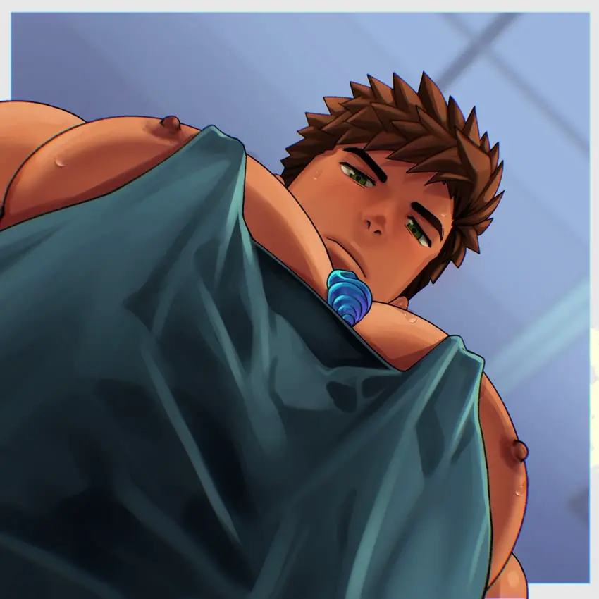 Image looking_at_viewer,solo,1boy,male,male_only,tagme,looking_down,gay,solo_male,stardew_valley,big_chest,alex_mullner