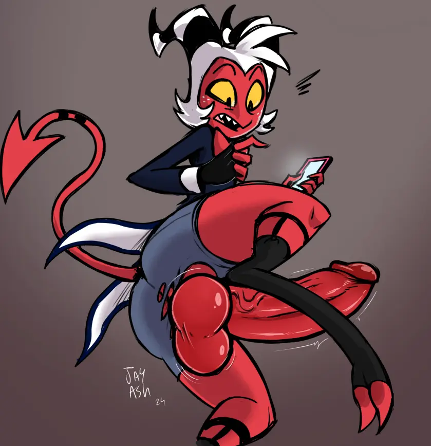 Image clothing, open_mouth, simple_background, solo, white_hair, gloves, male, penis, tail, underwear, big_penis, erection, humanoid, humanoid_penis, freckles, male_only, teeth, balls, hair, huge_cock, veiny_penis, demon, socks, sharp_teeth, big_balls, footwear, genitals, horn, huge_balls, red_skin, grey_background, fingerless_gloves, humanoid_genitalia, vein, demon_humanoid, electronics, helluva_boss, topwear, handwear, hooves, phone, nervous, red_body, cellphone, smartphone, wardrobe_malfunction, torn_clothing, yellow_sclera, briefs, imp, spade_tail, coat, curved_horn, bow_tie, suit_jacket, moxxie_(helluva_boss), toeless_socks, toeless_footwear, ghastlygh, tailcoat