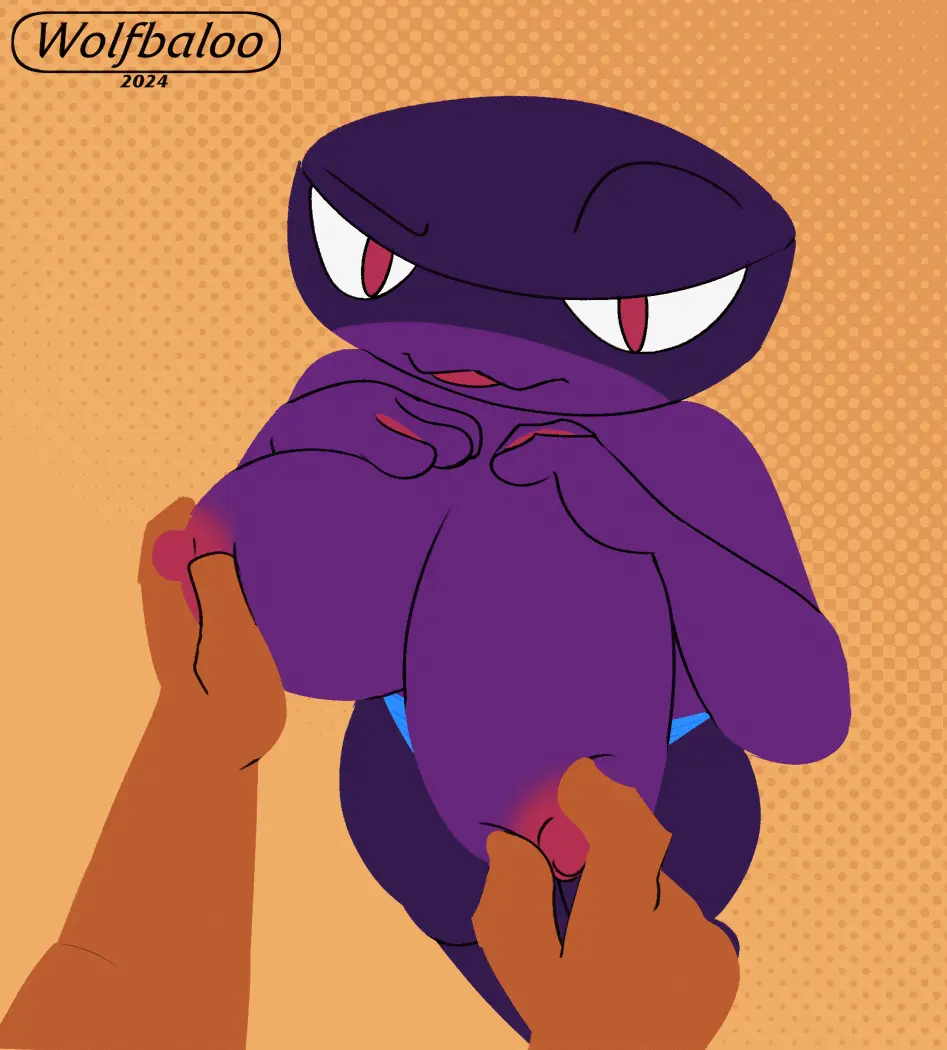 Image big_breasts,breasts,clothing,female,looking_at_viewer,nipples,simple_background,smile,nude,panties,underwear,thick_thighs,duo,anthro,ambiguous_gender,animated,hand_on_breast,breast_play,short_playtime,amphibian,frog,playing_with_breasts,wolfbaloo,mira_(wolfbaloo)