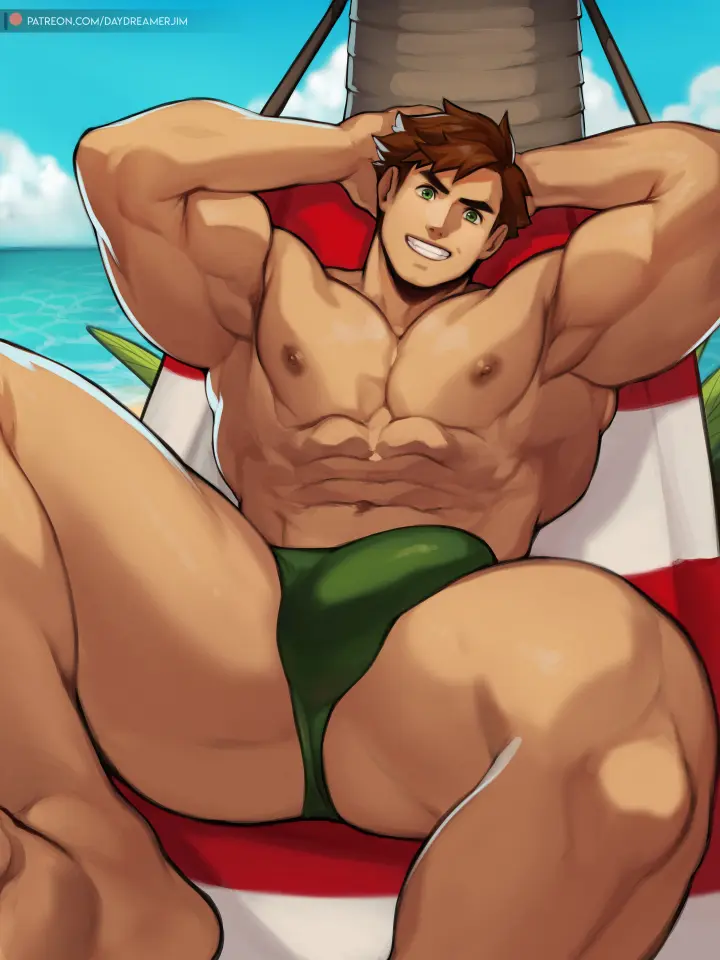 Image human,human_only,looking_at_viewer,nipples,smile,solo,1boy,male,thick_thighs,erection,muscular,muscular_male,beach,smiling,hands_behind_head,male_only,yaoi,arms_up,green_eyes,brown_hair,gay,bara,bulge,pecs,thong,solo_male,abs,big_muscles,big_bulge,pectorals,blue_sky,toned,big_pecs,thong_bikini,muscular_thighs,toned_body,thong_only,six_pack,beach_background,stardew_valley,big_biceps,daydreamerjim,alex_mullner,green_thong,coconut_tree,erection_in_thong