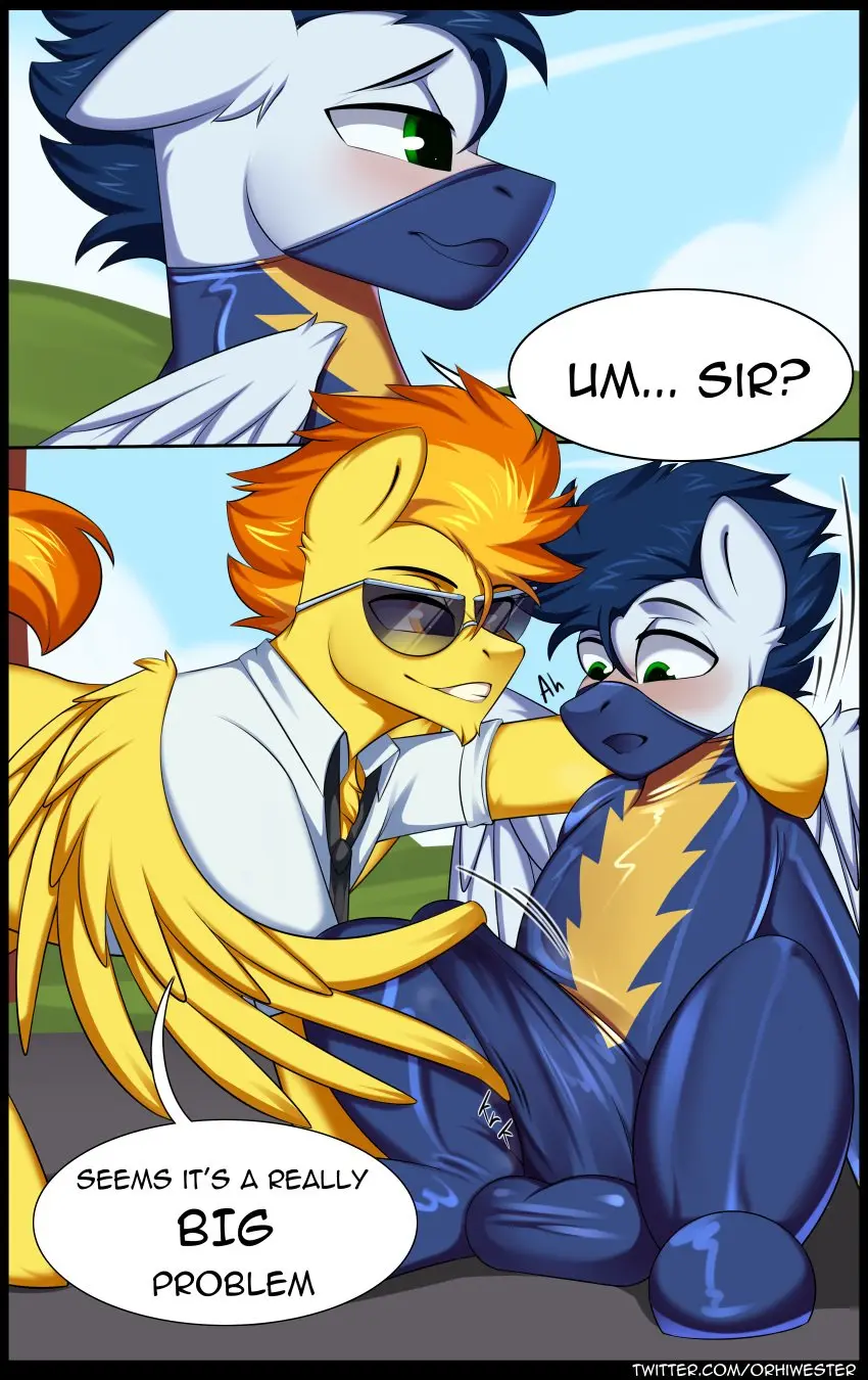 Image blush,clothing,hi_res,shirt,male,duo,sky,male/male,balls,eyewear,wings,text,mythology,absurd_res,gay,bulge,genitals,mammal,latex,latex_clothing,latex_skinsuit,skinsuit,tight_clothing,necktie,speech_bubble,friendship_is_magic,hasbro,my_little_pony,mythological_creature,topwear,detailed_background,uniform,feral,sunglasses,equid,equine,horse,pegasus,pony,url,mythological_equine,arm_around_shoulders,soarin_(mlp),wonderbolts_(mlp),tickling,tickling_penis,orhifw,spitfire_(mlp),wingjob