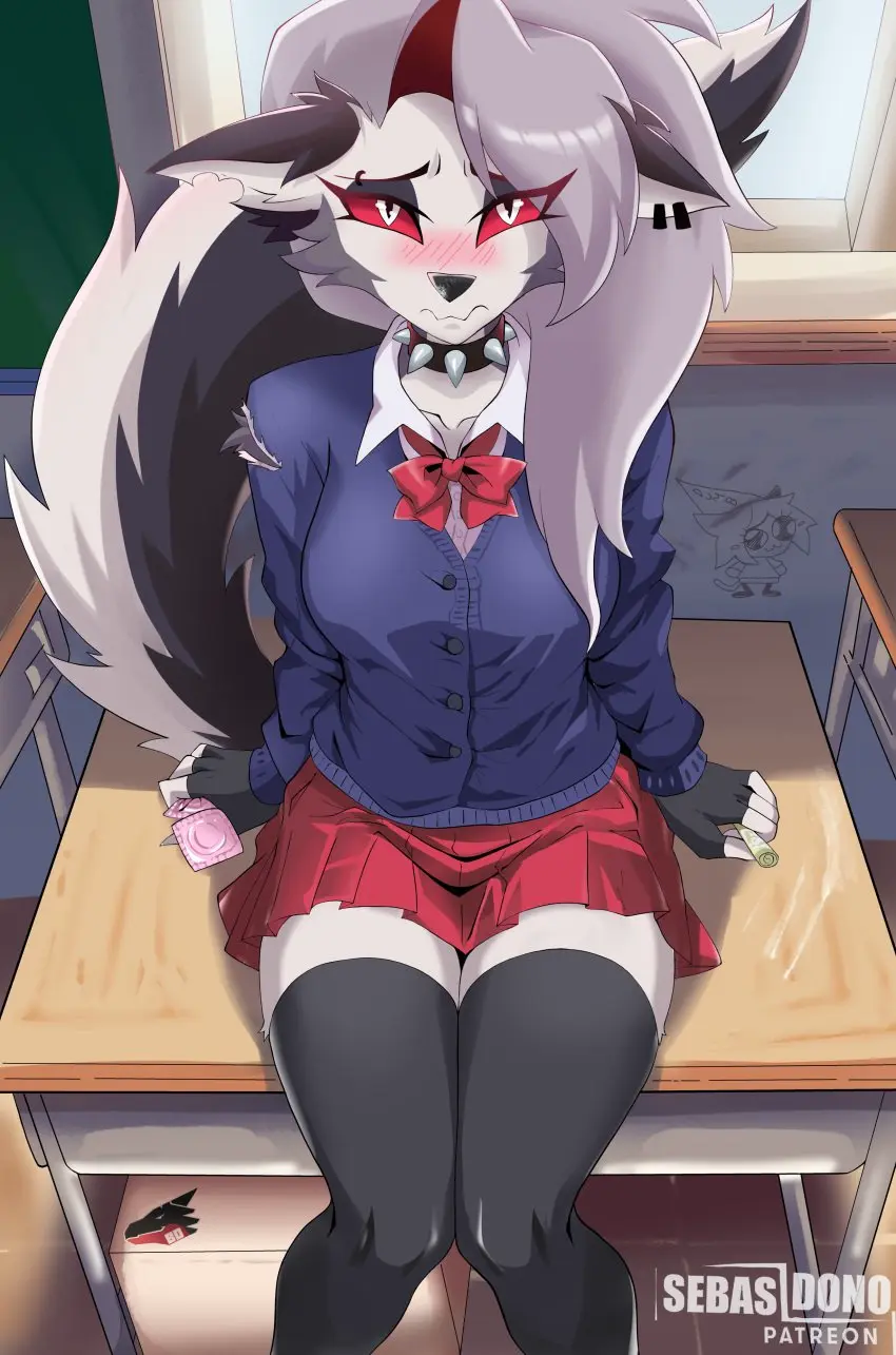 Image big_breasts,blush,breasts,female,grey_hair,looking_at_viewer,solo,furry,shy,solo_female,clitoris,stockings,condom,skirt,canine,dog_ears,blushing_at_viewer,helluva_boss,loona_(helluva_boss),white_fur,knees_together_feet_apart,ripped_clothing,on_desk,sebasdono