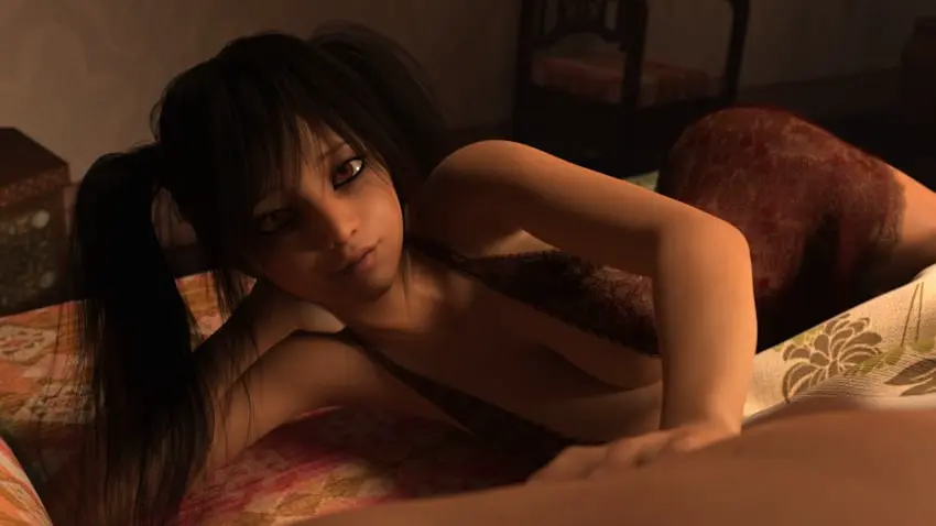 Image 1girls,big_breasts,breasts,female,red_eyes,1boy,black_hair,male,cleavage,lingerie,bed,3d,cute,twintails,bedroom,video_games,cute_face,father_and_daughter,video_game,video_game_character,cute_girl,twintails_(hairstyle),visual_novel,neckline,cute_female,ain_(desert_stalker),desert_stalker,zetands,beautiful