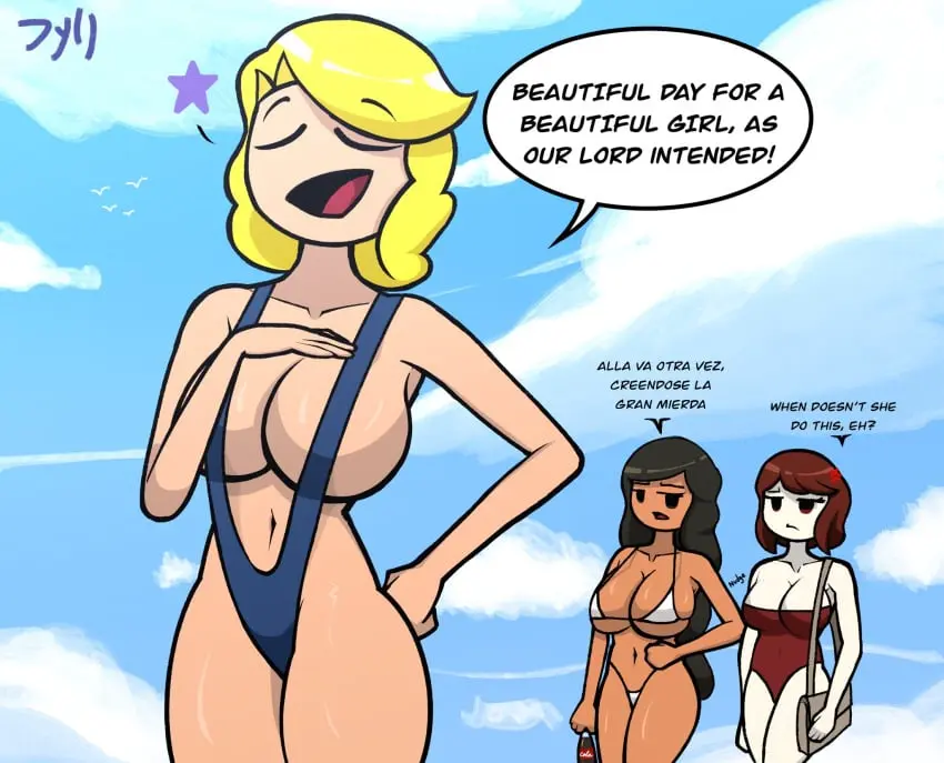 Image 2023,female,long_hair,standing,multiple_girls,short_hair,bikini,mexico,thighs,belly,belly_button,cleavage,2d,text,swimsuit,closed_eyes,tanned_skin,tanned,bikini_top,bikini_bottom,3girls,spanish_text,assertive_female,signature,talking_to_another,grumpy,sunscreen,handbag,alternate_universe,countryhumans,countryhumans_girl,au,canada_(countryhumans),mexico_(countryhumans),united_states_of_america,dyllzone,america_(egobuzz),canada_(egobuzz),egobuzz,mexico_(egobuzz),united_states_of_america_(countryhumans)