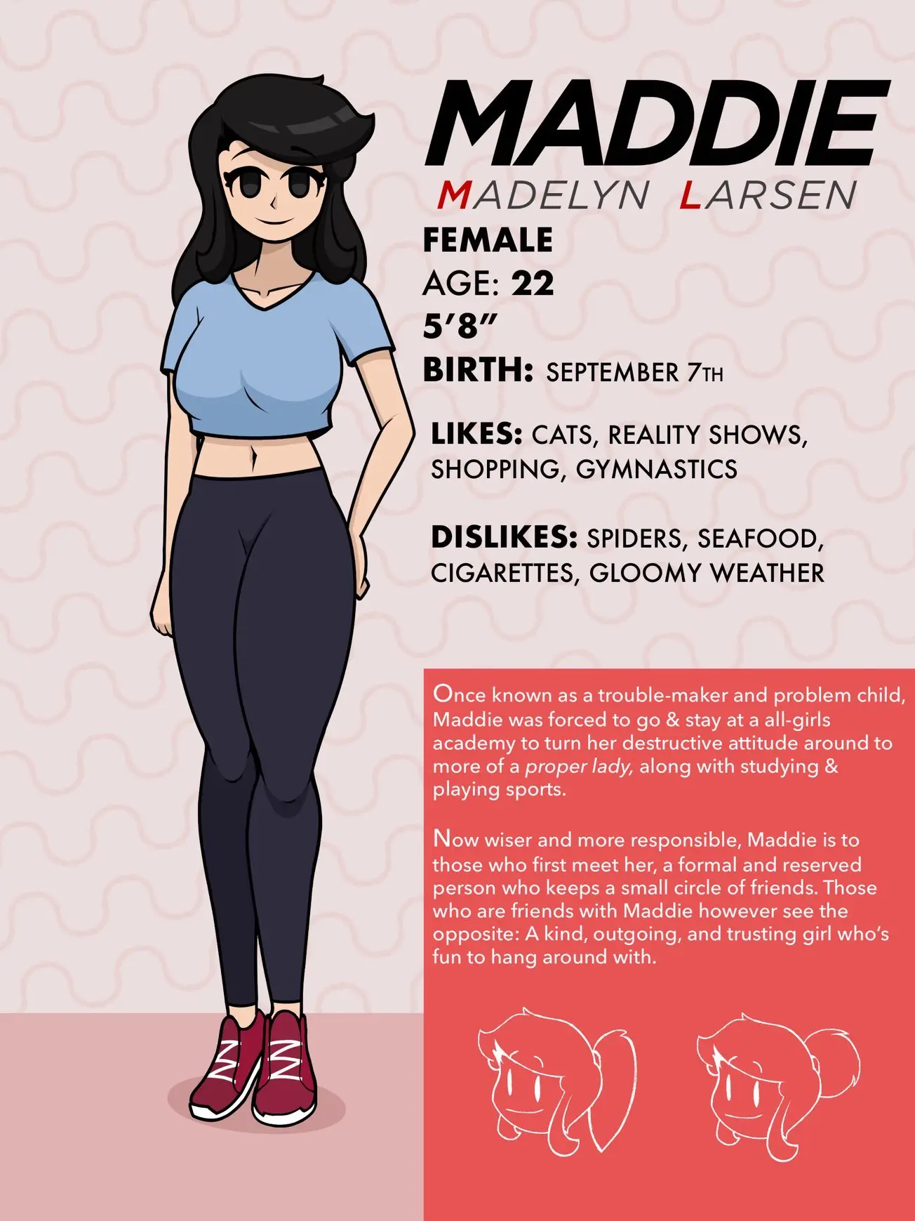 Image 1girls,2023,female,long_hair,looking_at_viewer,pants,solo,belly,belly_button,eyebrows_visible_through_hair,solo_female,text,original,posing,fully_clothed,shoes,crop_top,reference_sheet,doodle,dyllzone,maddie_(dyllzone)
