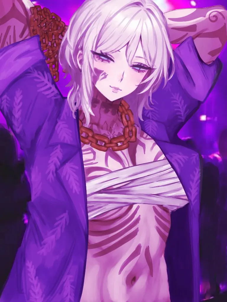 Image 1girls,blush,breasts,clothing,female,open_clothes,open_shirt,shirt,white_hair,blue_eyes,short_hair,tattoo,collar,smirk,chains,tattoos,project_moon,limbus_company,faust_(limbus_company),the_middle_(identity)_(project_moon)