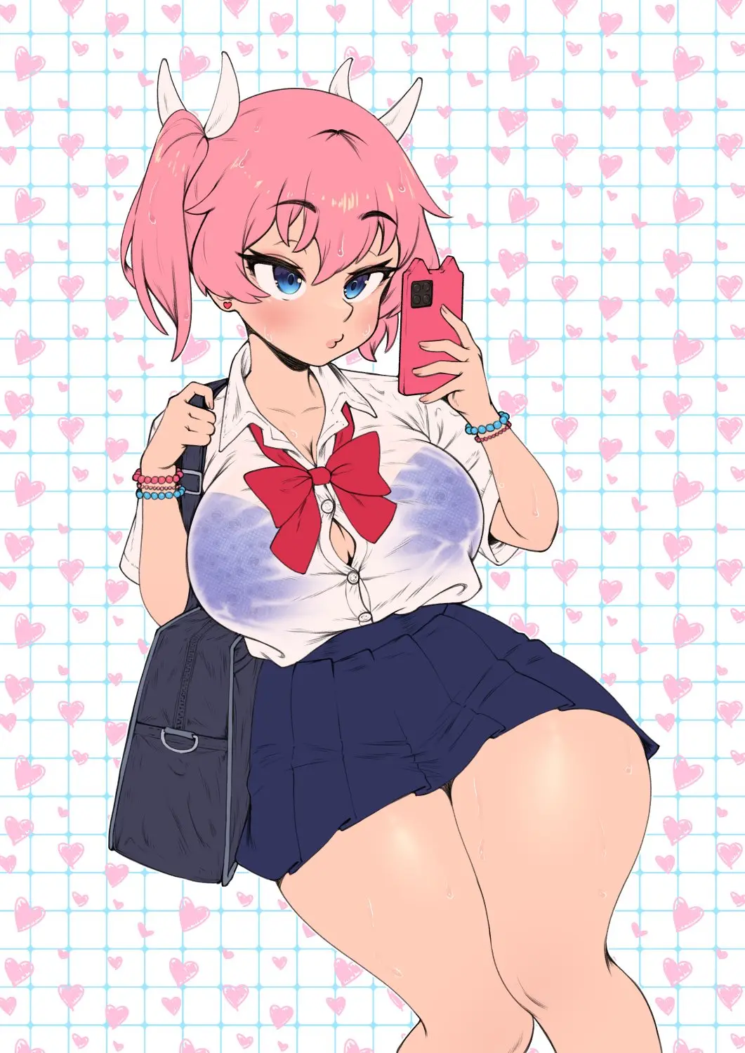 Image 1girls,blush,bow,breasts,female,large_breasts,shirt,solo,bangs,blue_eyes,sweat,bra,underwear,earrings,thick_thighs,thighs,cleavage,jewelry,pink_hair,sitting,hair_ribbon,school_uniform,wet,twintails,skirt,ribbon,see-through,pleated_skirt,holding,bracelet,heart,blue_skirt,holding_phone,phone,wet_clothes,cellphone,smartphone,bowtie,bra_visible_through_clothes,beads,bag,gyaru,see-through_shirt,heart_background,shirt_tucked_in,purple_bra,school_bag,bead_bracelet,haruka_(whomperfruit),patterned_background,whomperfruit