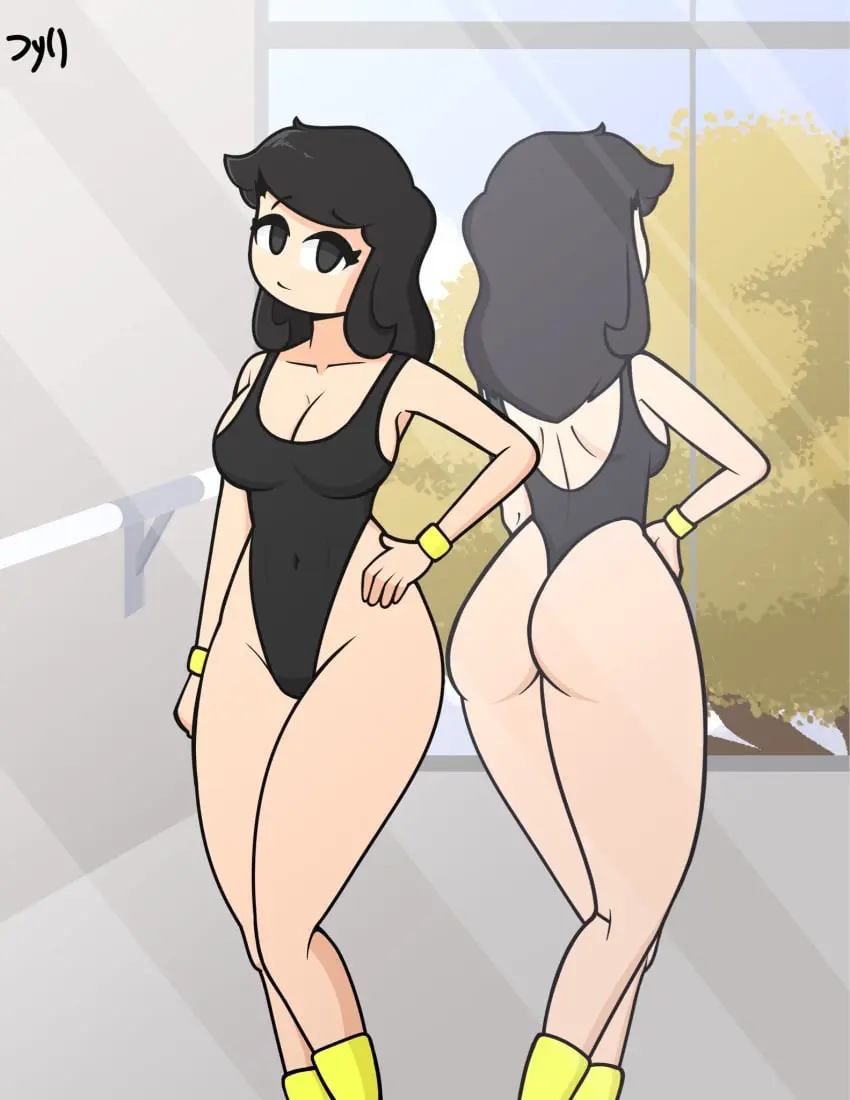Image 1girls,2023,female,light-skinned_female,light_skin,long_hair,looking_at_viewer,solo,standing,black_hair,ass,thighs,cleavage,eyebrows_visible_through_hair,solo_female,solo_focus,original,pose,hand_on_hip,black_eyes,back_view,tree,leotard,front_view,window,signature,armband,mirror_reflection,thong_leotard,long_socks,gymnastics,dyllzone,maddie_(dyllzone)