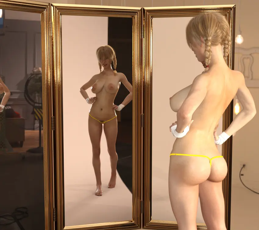 Image 1girls,breasts,female,large_breasts,ass,blonde_hair,original,3d,topless,twintails,thong,topless_female,mirror,cb1964,yellow_thong