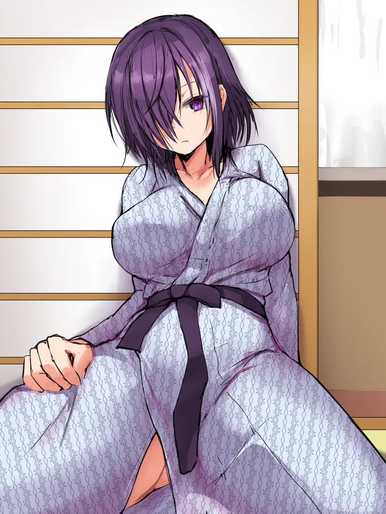 Image 1girls,breasts,female,large_breasts,long_sleeves,looking_at_viewer,solo,bangs,short_hair,hair_over_one_eye,collarbone,sitting,purple_eyes,purple_hair,medium_hair,closed_mouth,emotionless,kimono,yukata,blank_eyes,imminent_sex,japanese_clothes,inner_thighs,sash,bath_yukata,nonaga_(shiro_maru),shiro_maru