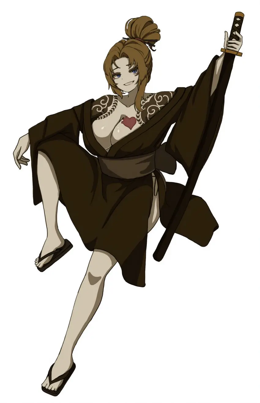 Image 1girls, big_breasts, blush, breasts, clothing, female, blue_eyes, cleavage, solo_female, tattoo, tied_hair, brown_hair, kimono, hair_bun, dressed, tattoos, project_moon, katana, upscaled, limbus_company, rodion_(limbus_company)