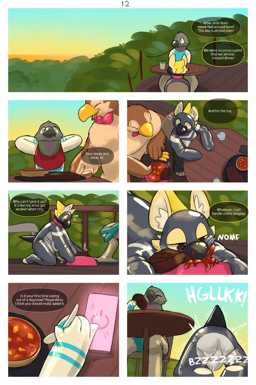 Image 2023,brown_eyes,clothing,hi_res,smile,blue_eyes,male,striped_clothing,digital_media_(artwork),white_clothing,feathers,anthro,absurd_res,half-closed_eyes,comic,collar,canid,canine,canis,fur,grey_body,mammal,dialogue,sex_toy,yellow_body,yellow_fur,latex,latex_clothing,skinsuit,tight_clothing,sound_effects,english_text,narrowed_eyes,bondage,glistening,biped,leash,avian,beak,bird,speech_bubble,group,stripes,glistening_clothing,2:3,blue_clothing,pattern_clothing,vibrator,page_number,petplay,container,red_collar,meat,puppyplay,eating,food,roleplay,bowl,bow_tie,tools,yellow_beak,spoon,cutlery,kitchen_utensils,eating_food,grey_beak,grey_feathers,page_12,pet_bowl,sexotheque,bird_costume,beef,dinner,steak,vibrator_controller