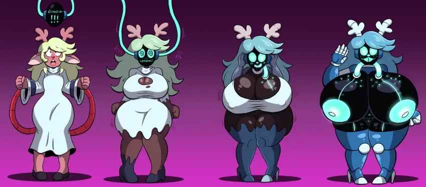 Image big_breasts,breasts,clothing,female,hi_res,open_mouth,simple_background,smile,solo,nude,freckles,wide_hips,hair,huge_breasts,anthro,blonde_hair,fur,mammal,horn,antlers,expansion,deer,transformation,deltarune,hypnosis,breast_expansion,torn_clothing,undertale_(series),machine,robot,brainwashing,mind_control,sequence,prinnydood,species_transformation,transformation_sequence,noelle_holiday,tech_control,droneification,robotization