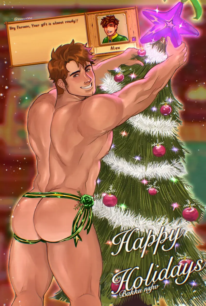 Image solo,1boy,male,ass,looking_back,muscular,muscular_male,male_only,tagme,gay,christmas,solo_male,tagme_(artist),jockstrap,stardew_valley,christmas_tree,alex_mullner