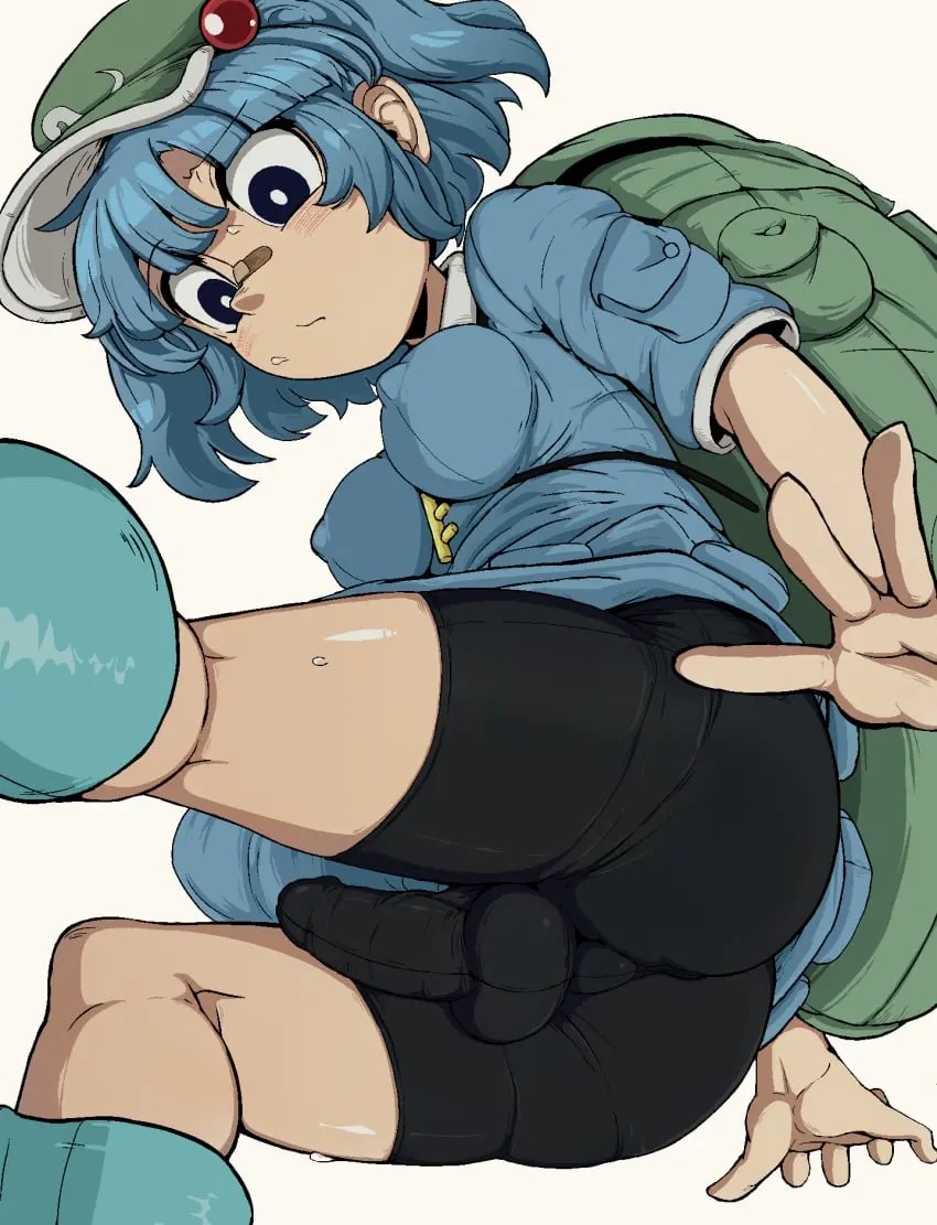 Image blush,breasts,clothed,clothing,human,light_skin,solo,touhou,white_background,bangs,blue_eyes,blue_hair,penis,short_hair,sweat,ass,hat,thighs,1futa,erection,futanari,intersex,light-skinned_futa,hips,balls,2d,medium_breasts,sitting,dress,tied_hair,futa_only,looking_down,erection_under_clothes,twintails,low-angle_view,looking_at_penis,from_below,shorts,erect_penis,erect_nipples,nipple_bulge,cap,fully_clothed,shoes,worried,bike_shorts,casual,backpack,full_color,no_penetration,worried_expression,no_sex,spats,source,nitori_kawashiro,epic_armageddon,patch