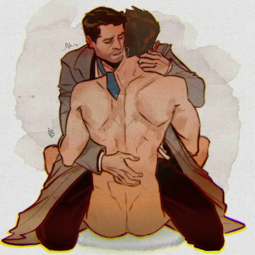 Image clothed,clothing,human,black_hair,male,nude,ass,duo,muscular,muscular_male,2boys,cowgirl_position,male/male,male_only,yaoi,artist_name,nude_male,completely_nude,naked,spread_legs,sitting,angel,brown_hair,closed_eyes,gay,looking_pleasured,artist_signature,sitting_on_person,necktie,naked_male,tie,muscles,clothed_male,stubble,on_top,beard_stubble,celebrity,actor,in_character,holding_partner,trenchcoat,castiel,castiel_(supernatural),dean_winchester,ioannushka,jensen_ackles,misha_collins,supernatural_(series)