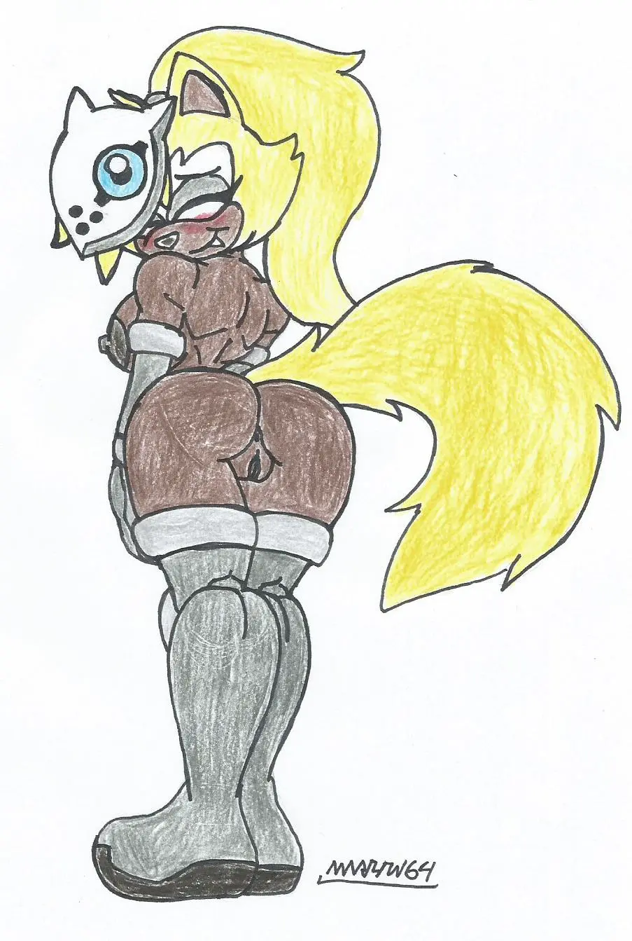 Image 1girls,big_breasts,breasts,female,looking_at_viewer,white_background,furry,big_ass,big_butt,looking_back,closed_eyes,eyeshadow,naked_female,blonde_hair_female,sonic_(series),brown_fur,brown_body,looking_back_at_viewer,mask,hand_on_leg,blonde_fur,sonic_the_hedgehog_(idw),black_nipples,showing_ass,showing_off,showing_off_ass,black_pussy,dat_ass,naked_boots,naked_gloves,shy_smile,traditional_drawing_(artwork),whisper_the_wolf,marlon64,shyness