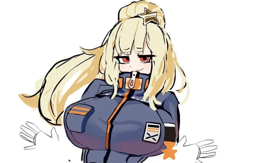 Image big_breasts,breasts,clothing,female,long_hair,red_eyes,solo_female,blonde_hair,tied_hair,dressed,project_moon,distortion_detective,ezra_(distortion_detective),gya_rb