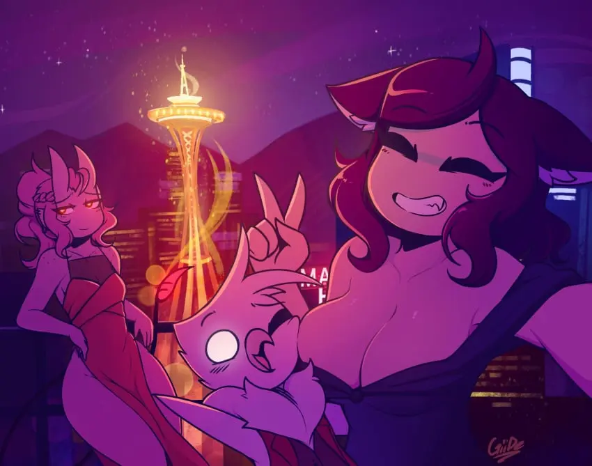 Image female,1boy,2girls,male,short_hair,freckles,cat_ears,smiling,cleavage,eyebrows_visible_through_hair,happy,teeth,one_eye_closed,dress,demon,original,closed_eyes,glowing_eyes,horn,selfie,party,2024,avian,signature,fully_clothed,mountain,skyscraper,head_on_breasts,photograph,happy_new_year,ignoring,aiko_(giidenuts),carrie_(giidenuts),giidenuts,riley_(giidenuts),tuxedo